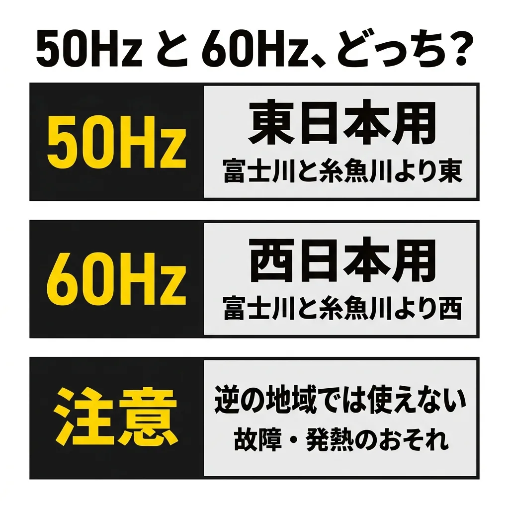 K 3 サイレント プラスは2種類。50Hz は東日本用で、富士川と糸魚川より東。60Hz は西日本用で、富士川と糸魚川より西。逆の地域では使えず、故障・発熱のおそれがある